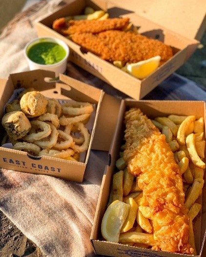 Fish And Chip Supper, Fresh Fish And Chips, Mushy Peas and Calamari.